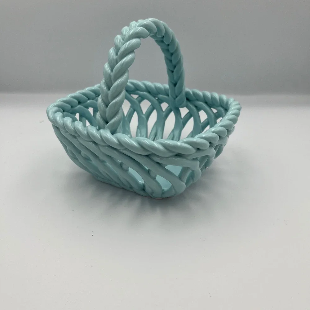 Grace Pantry Blue Ceramic Hand Woven Basket‎ Candy Dish Trinket Bowl